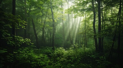 Obraz premium A lush green forest with sunlight shining through the trees