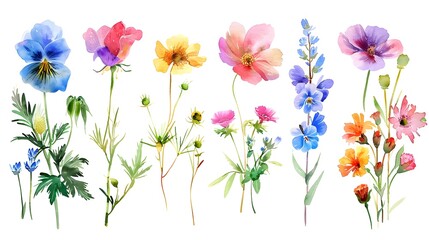 Fototapeta premium Vibrant Floral Collection Watercolor Painting of Colorful Flowers in Springtime Scenery