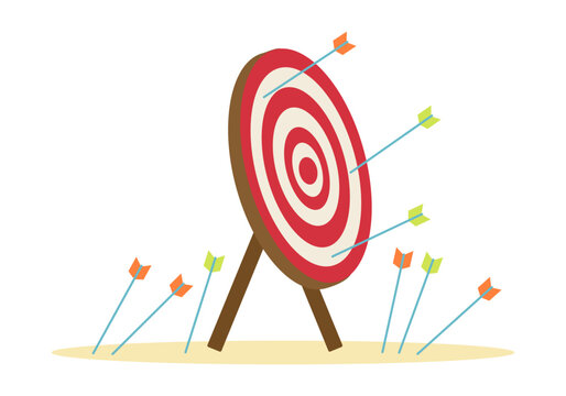 Arrows missed hitting target on white background. Multiple fail inaccurate attempt hit archery goal vector illustration. Concept of business strategy and challenge failure.