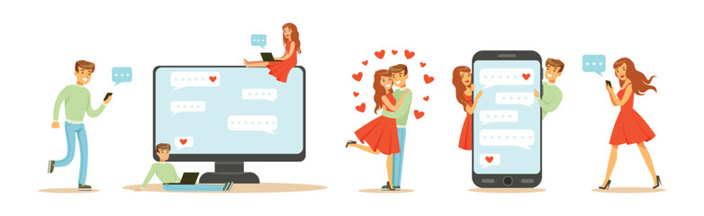 Online Dating with Man and Woman Chat Message Feel Love Vector Set