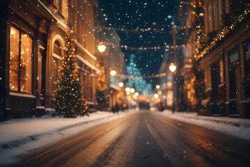 A mesmerizing scene captures the festive ambiance of a snowfall-laden city street, adorned with twinkling Christmas lights and bustling shoppers in the background.