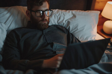Fototapeta premium Generative AI illustration happy homey sleepy person lying in bed browsing laptop smartphone lazy morning evening