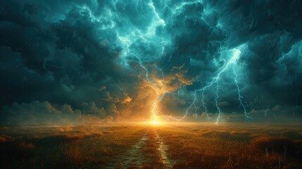 A dramatic thunderstorm over a vast open field, with lightning bolts striking the ground and dark, menacing clouds swirling in the sky - Powered by Adobe