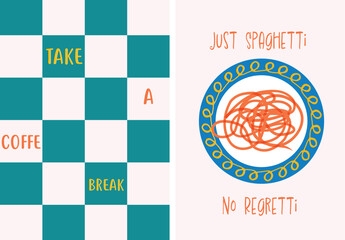 Spaghetti and Coffee illustrated set if 2 art print. Italian cafe decor concept. Perfect for wall art, postcard, backdrop, banner, t-shirt design.