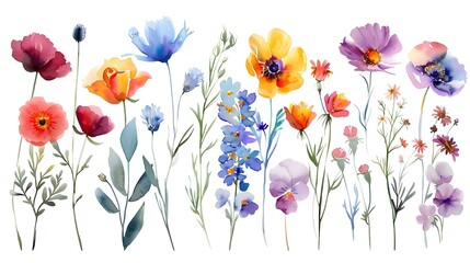 Vibrant Floral Watercolor Painting with Assortment of Blooming Flowers