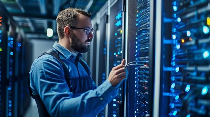 Server in datacenter. Cloud computing data storage. technology background