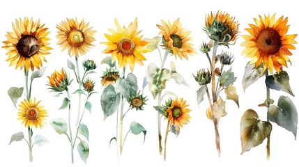 Vibrant Watercolor Depictions of Sunlit Summer Sunflowers on Pristine White Backdrops