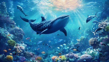 Fototapeta premium Animals of the underwater sea world. Ecosystem. Colorful tropical fish. Life in the coral reef