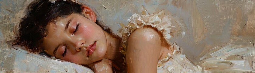 Fototapeta premium A study of a young ballet dancer resting, painted in a classical realist style, highlighting the textures of her costume and the softness of her posture