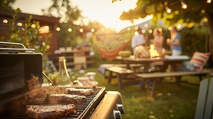 Barbecue grill with steaks cooking outdoors at sunset in a garden with friends and family enjoying a summer party in the background.
