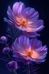 Three Purple Flowers on a Black Background