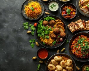 A topdown view of a halal feast, featuring dishes like biryani and falafel, beautifully presented on dark plates against a black backdrop with space for text