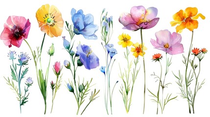 Vibrant Watercolor Floral Bouquet with Delicate Blooms in Meadow