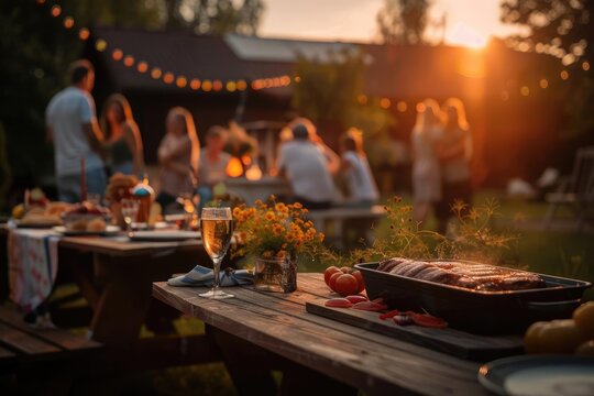 Outdoor backyard dinner party at sunset with friends, featuring a rustic table setting, food, drink, and warm ambiance.