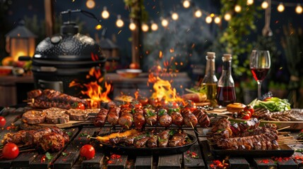 Nighttime outdoor barbecue with a variety of grilled meats and vegetables, surrounded by lights and...