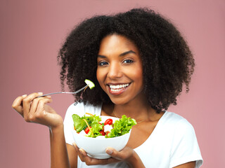Smile, eating and portrait of woman with salad for wellness, fresh and detox lunch meal with...