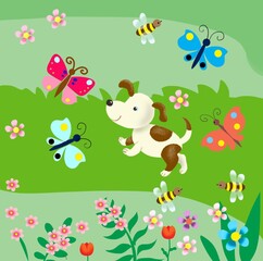 Obraz premium Floral meadow pattern with flowers and dog 