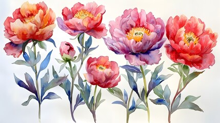 Obraz premium Vibrant Watercolor Painting of Blooming Summer Peonies on White Background