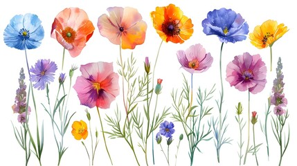 Fototapeta premium Vibrant Watercolor Painting of Colorful Floral Bouquet in Meadow Landscape