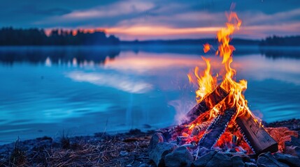 Blazing campfire by the lake