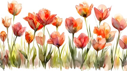 Fototapeta premium Vibrant Watercolor Painting of Flourishing Summer Tulips on White Background