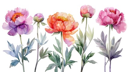 Vibrant Watercolor Painting of Lush Summer Flowers on White Background