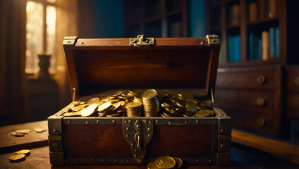 Ancient chest with gold coins antique