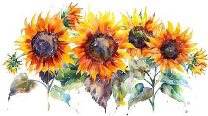 Vibrant Watercolor Painting of Lush Summer Sunflowers on White Background