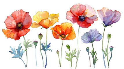 Vibrant Watercolor Painting of Summer Flowers on White Background