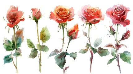 Vibrant Watercolor Painting of Summer Rose Blooms on Isolated White Background