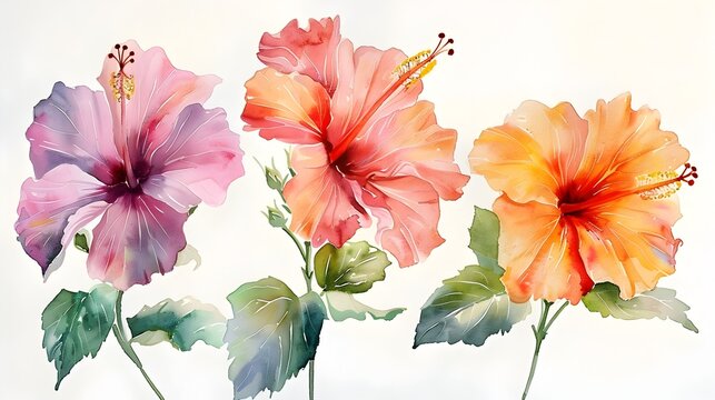 Vibrant Watercolor Painting of Tropical Hibiscus Flowers on Wet White Background