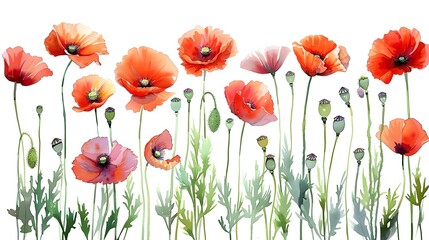 Obraz premium Vibrant Watercolor Paintings of Bold Red Poppies on Crisp White Background in Summer Garden Blooming Floral Meadow Scene