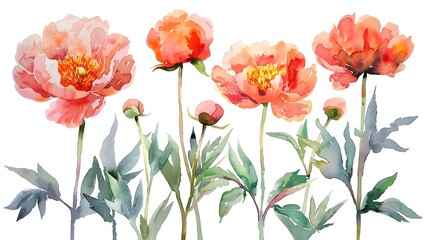 Vibrant Watercolor Paintings of Delicate Summer Peonies on Wet White Background