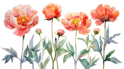 Vibrant Watercolor Paintings of Delicate Summer Peonies on Wet White Background