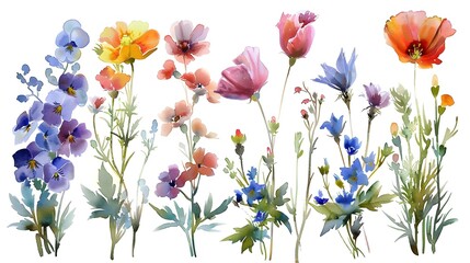 Vibrant Watercolor Paintings of Diverse Summer Flowers on White Background
