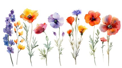 Vibrant Watercolor Paintings of Diverse Summer Wildflowers on a Pristine White Background