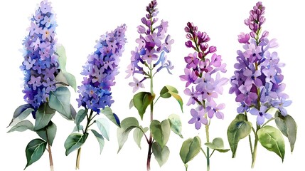 Obraz premium Vibrant Watercolor Paintings of Fragrant Lilac Blooms on a White Background