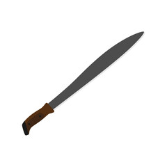colima machete flat design illustration isolated on white background. Melee weapon of hunter in jungle. Hatchet or machete handle ancient tool for woodcutting and cutting branches by hand.