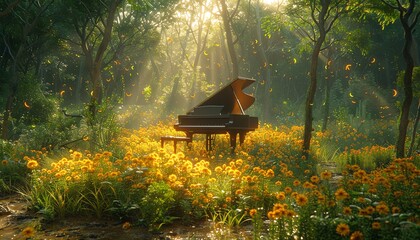 Naklejka premium A grand piano sits in a field of yellow flowers bathed in the morning sun, surrounded by lush green trees.