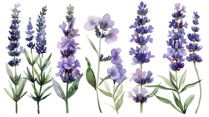 Vibrant Watercolor Paintings of Lush Lavender Flower Clusters on White Background