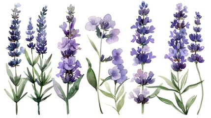 Naklejka premium Vibrant Watercolor Paintings of Lush Lavender Flower Clusters on White Background