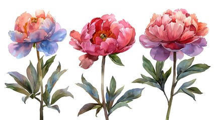 Vibrant Watercolor Paintings of Lush Summer Peonies on White Background