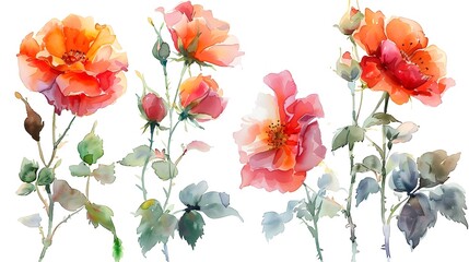 Fototapeta premium Vibrant Watercolor Paintings of Lush Summer Roses and Botanical Florals Against a Clean White Background