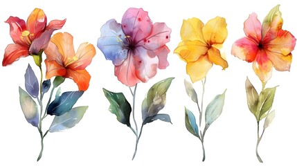 Vibrant Watercolor Paintings of Lush Tropical Blooms on Isolated White Background