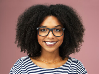 Black woman, portrait and glasses in studio for vision or optometry, stylish eyewear and...