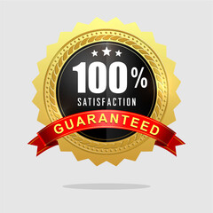 Satisfaction guaranteed gold badge and banner in gold and red.