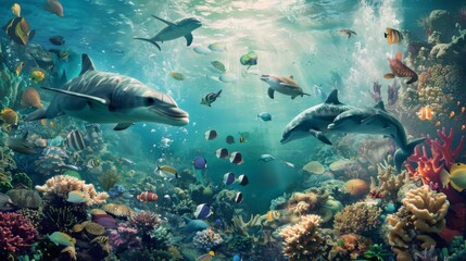 Fototapeta premium Animals of the underwater sea world. Ecosystem. Colorful tropical fish. Life in the coral reef