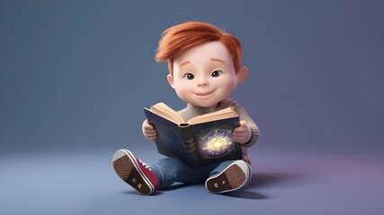 3d cute young boy reading a book.