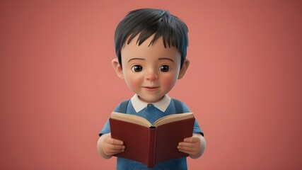 3d cute young boy reading a book.