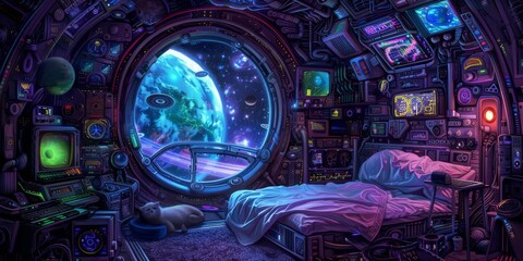 Psychedelic art, interior, small bedroom on a space station, planet and stars and space station out the window, generated with AI